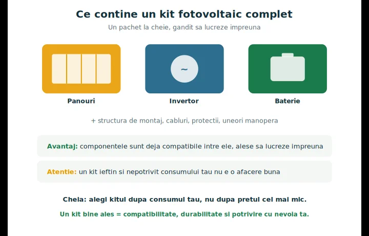 Schemă cu ce conține un kit panouri fotovoltaice complet: panouri, invertor, baterie