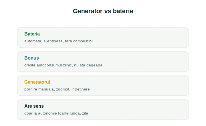 Generator vs baterie backup: comparație pentru curent la pană