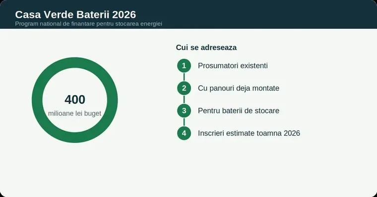 Diagramă a programului Casa Verde Baterii 2026: buget și public țintă