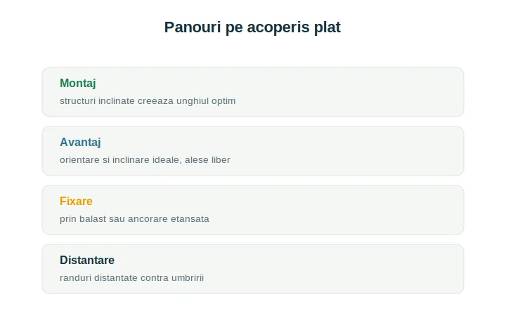 Panouri fotovoltaice acoperiș plat: montaj pe structuri înclinate cu orientare optimă